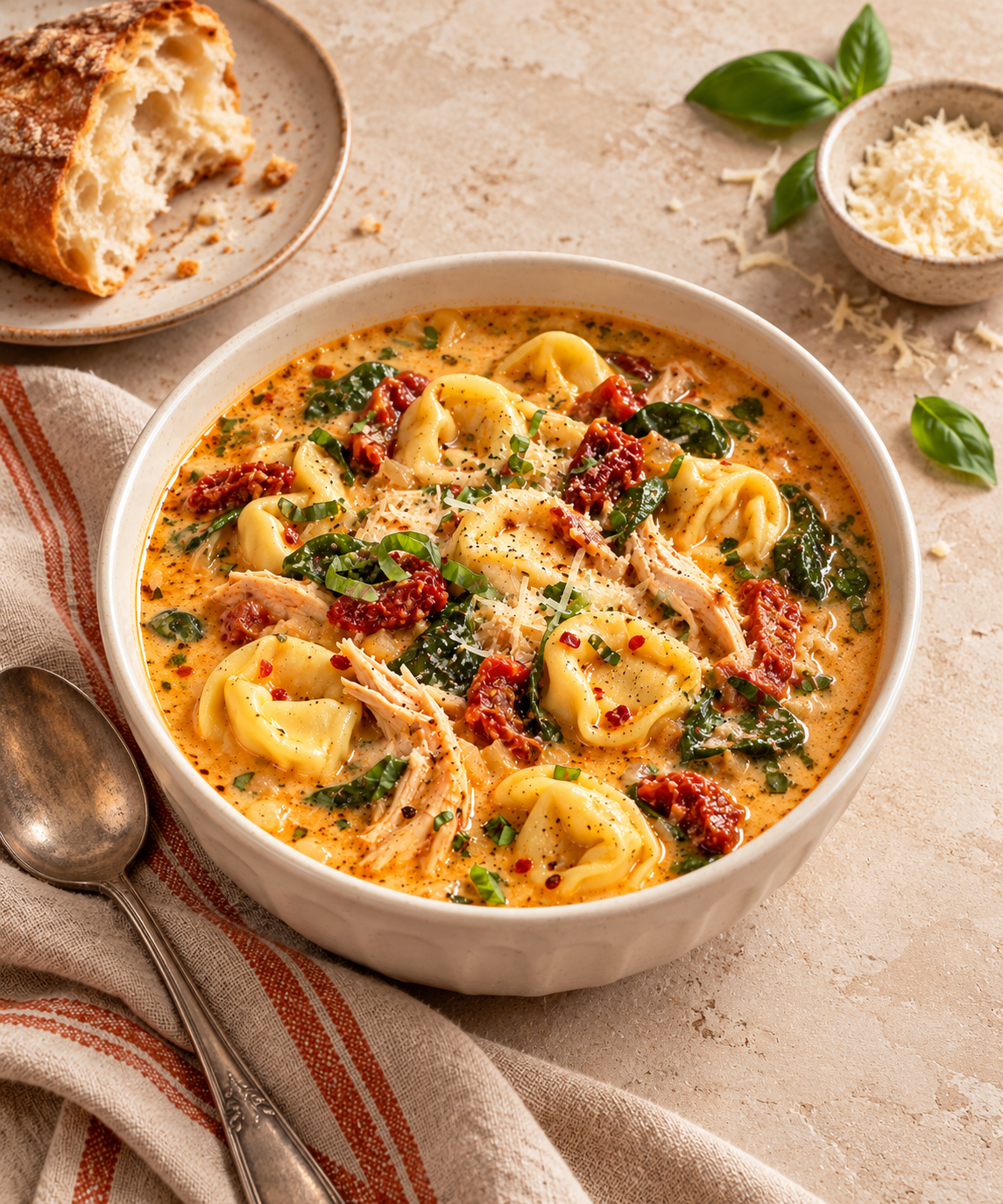 Bowl of creamy chicken tortellini soup with spinach and sun-dried tomatoes