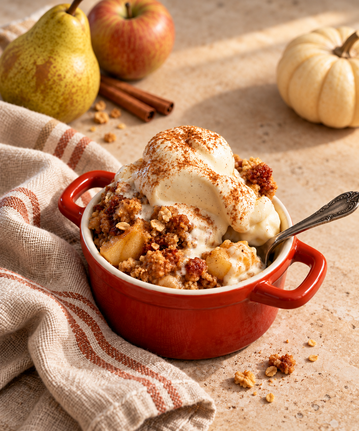 Apple pear crumble topped with vanilla ice cream in a red dish