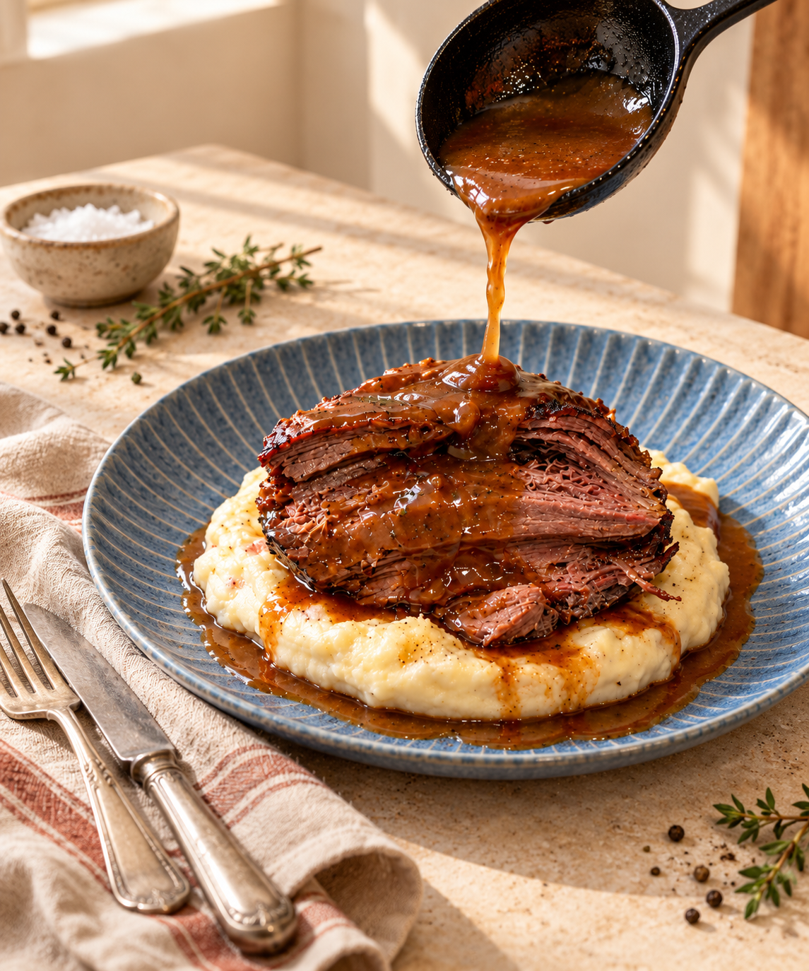 Gravy being poured over slow-braised tri-tip on mashed potatoes