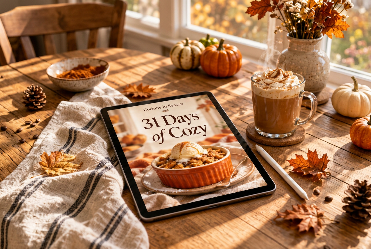 An iPad lying on a wooden kitchen table showing the 31 Days of Cozy cookbook cover, beside a pumpkin spice latte, stylus and autumn leaves